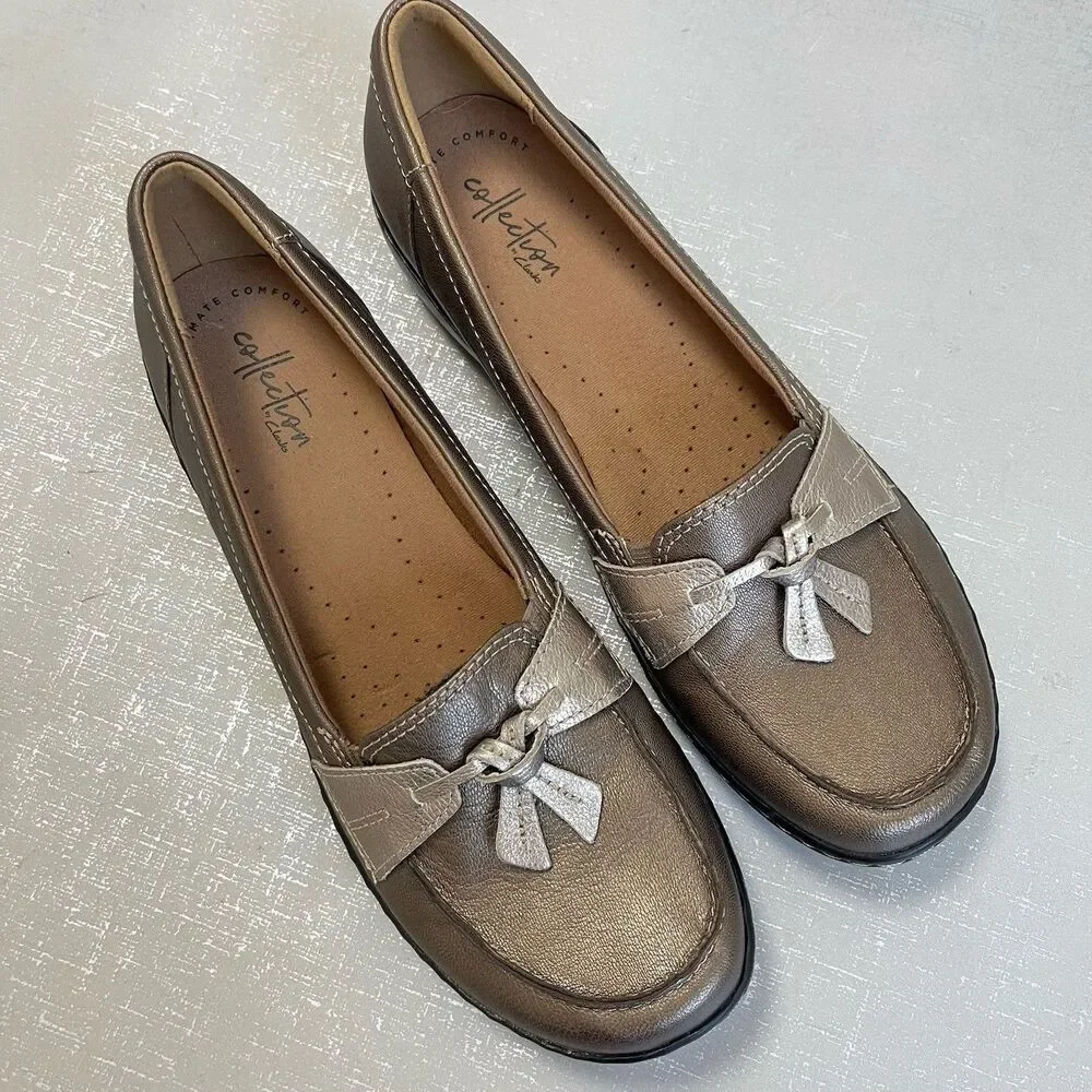 Clarks Ashland Bubble Loafers Flats Leather Pewter Gold Tassels Shoes‎ 9 N